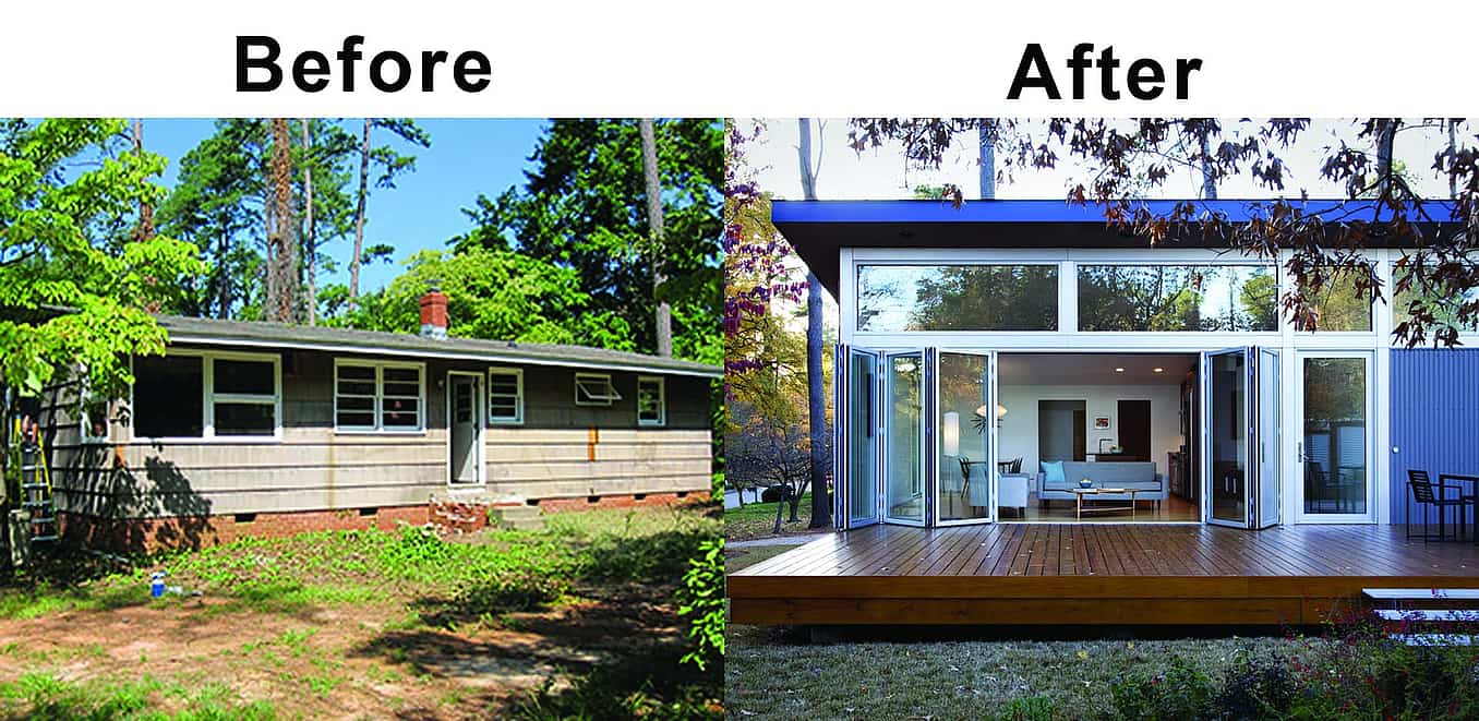 remodel before and after with floor supported folding glass wall