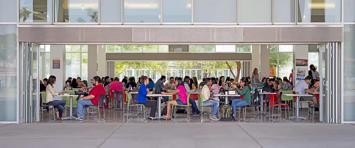 arizona western university indoor/outdoor cafateria with two folding glass walls for fresh air 