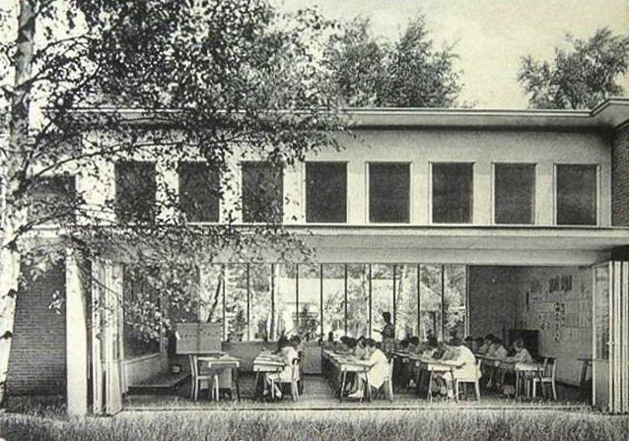 early open air classroom design from north europe during TB outbreak with folding glass wall 
