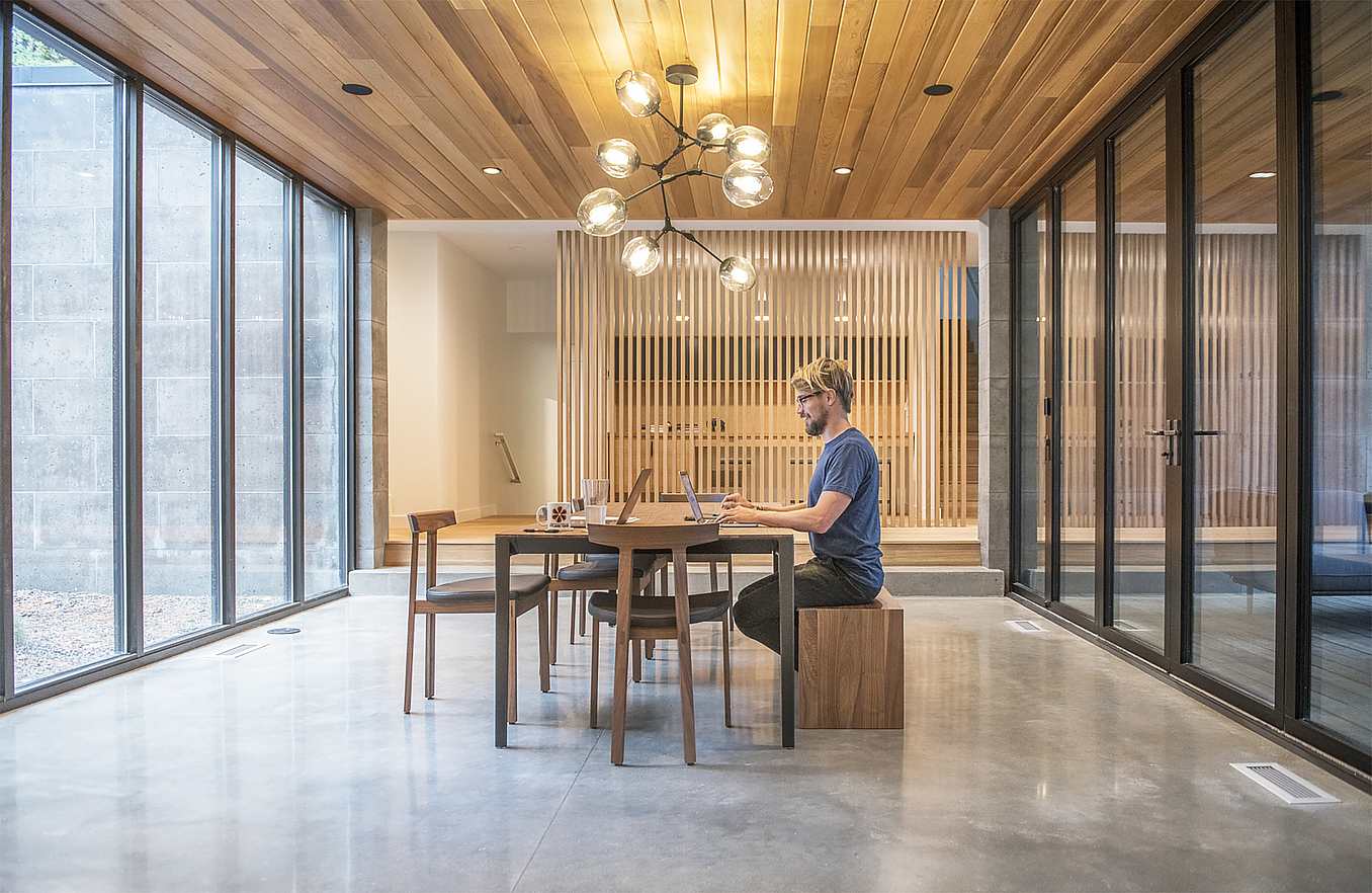 home office design with opening glass doors