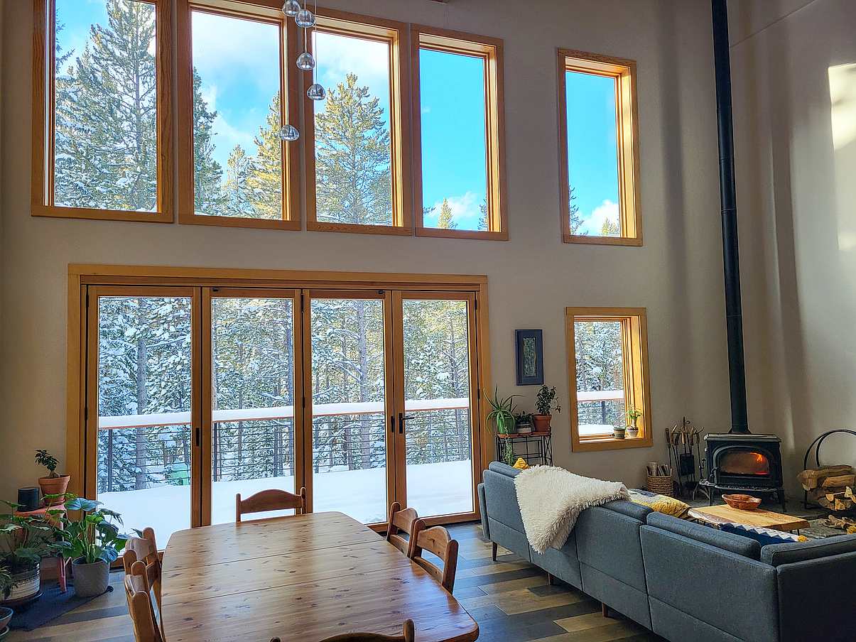wood framed opening glass doors