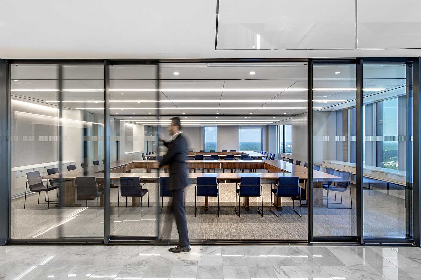 law office design with movable glass door system