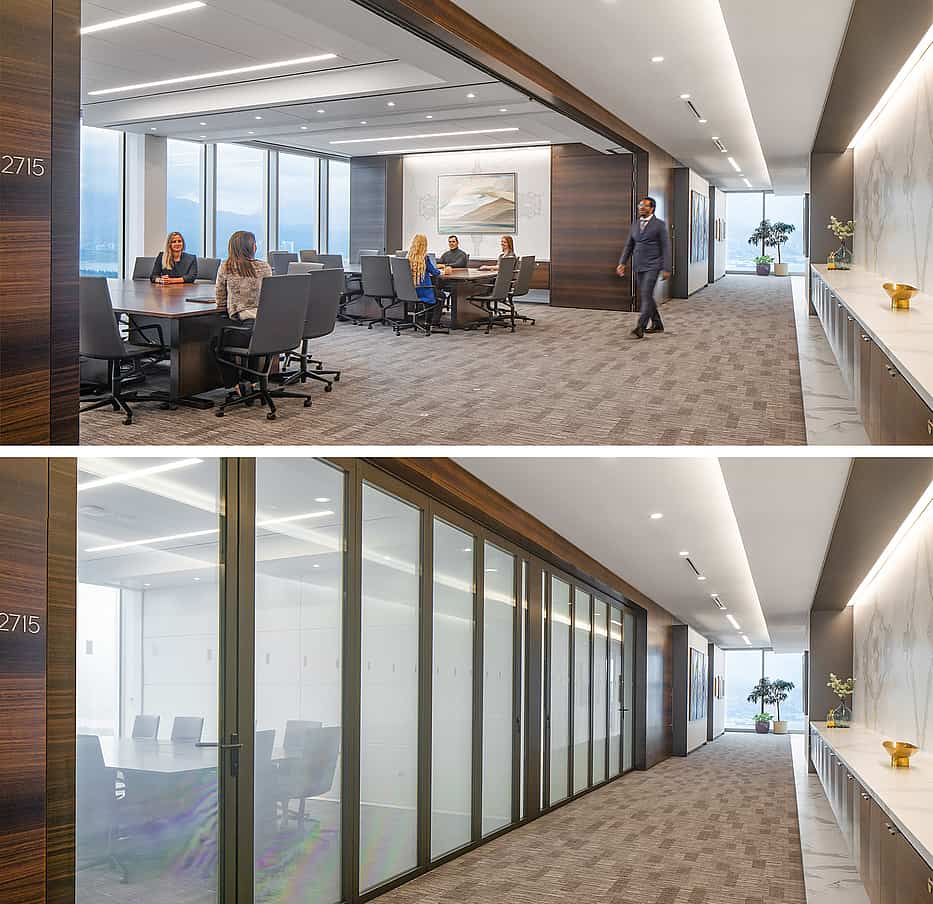 acoustically rated movable glass doors with switch glass