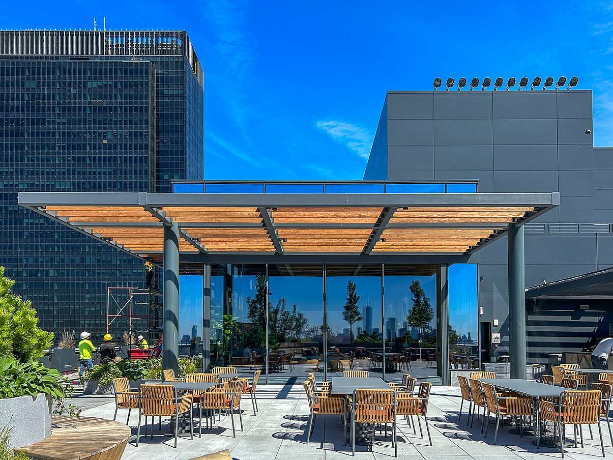 resilient rooftop design with movable glass door system