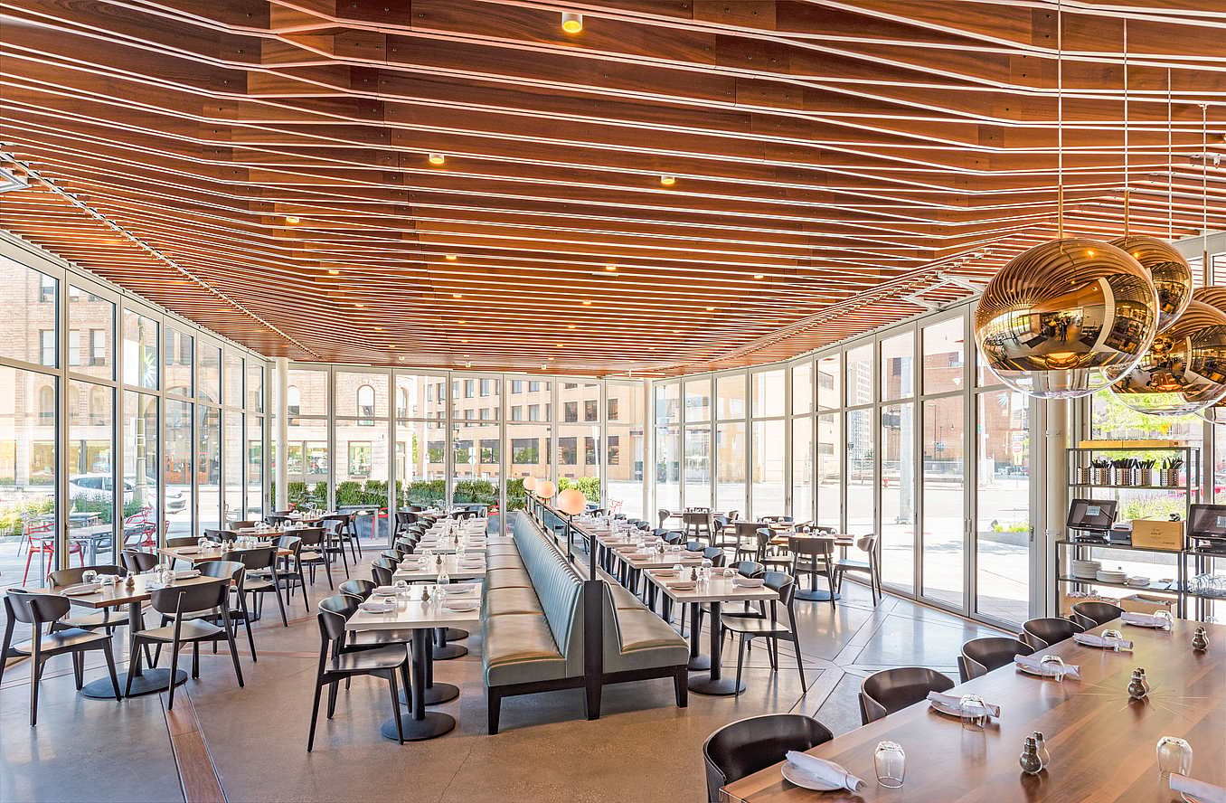 modern restaurant design with larger commercial glass door systems