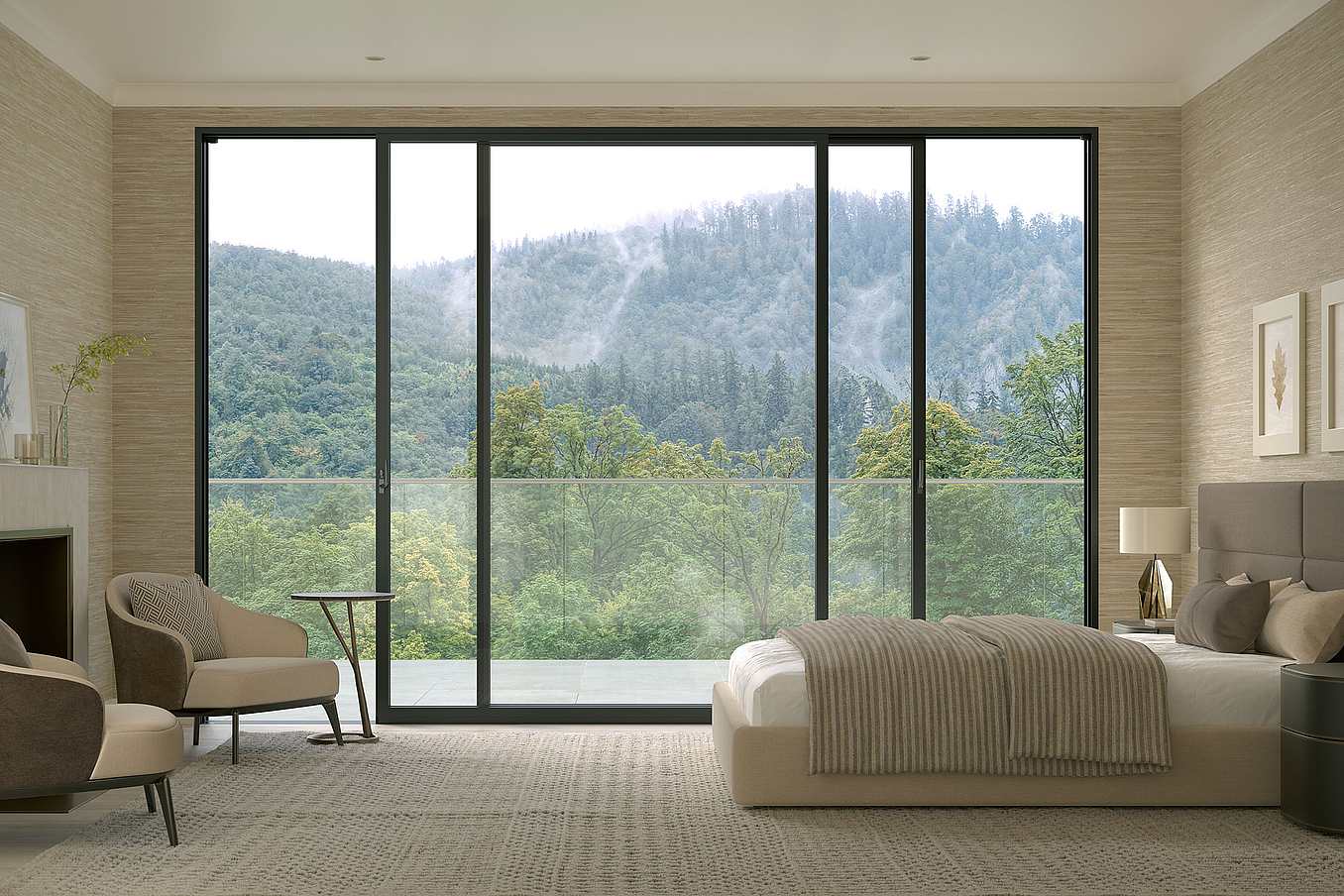 Modern bedroom with open multislide glass doors facing mountain landscape, featuring minimalist decor and natural wood accents