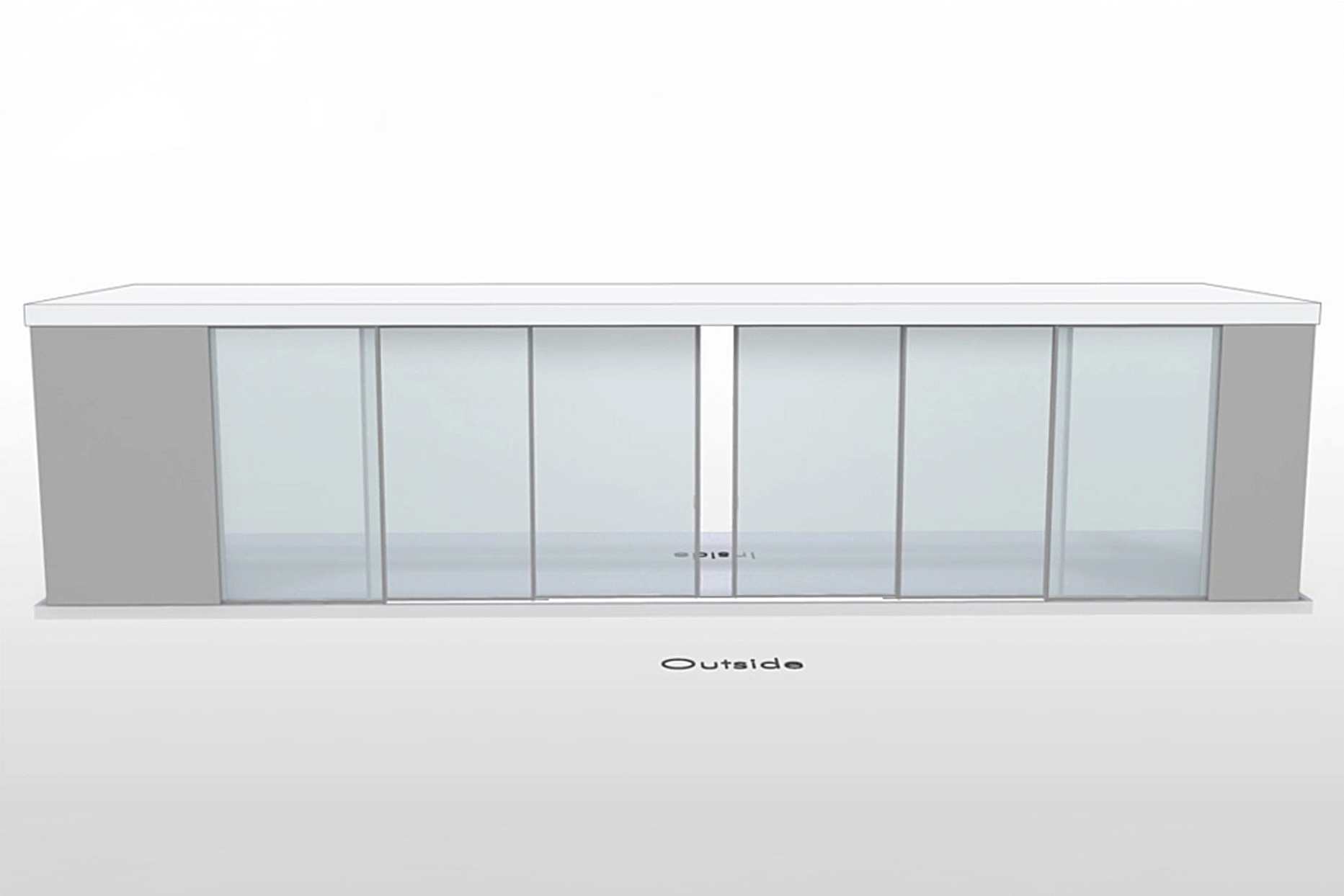 NanaWall CERO non-pocketing configuration: 6-panel sliding glass wall with four center panels sliding open and fixed panels on both sides (OXXXXO)