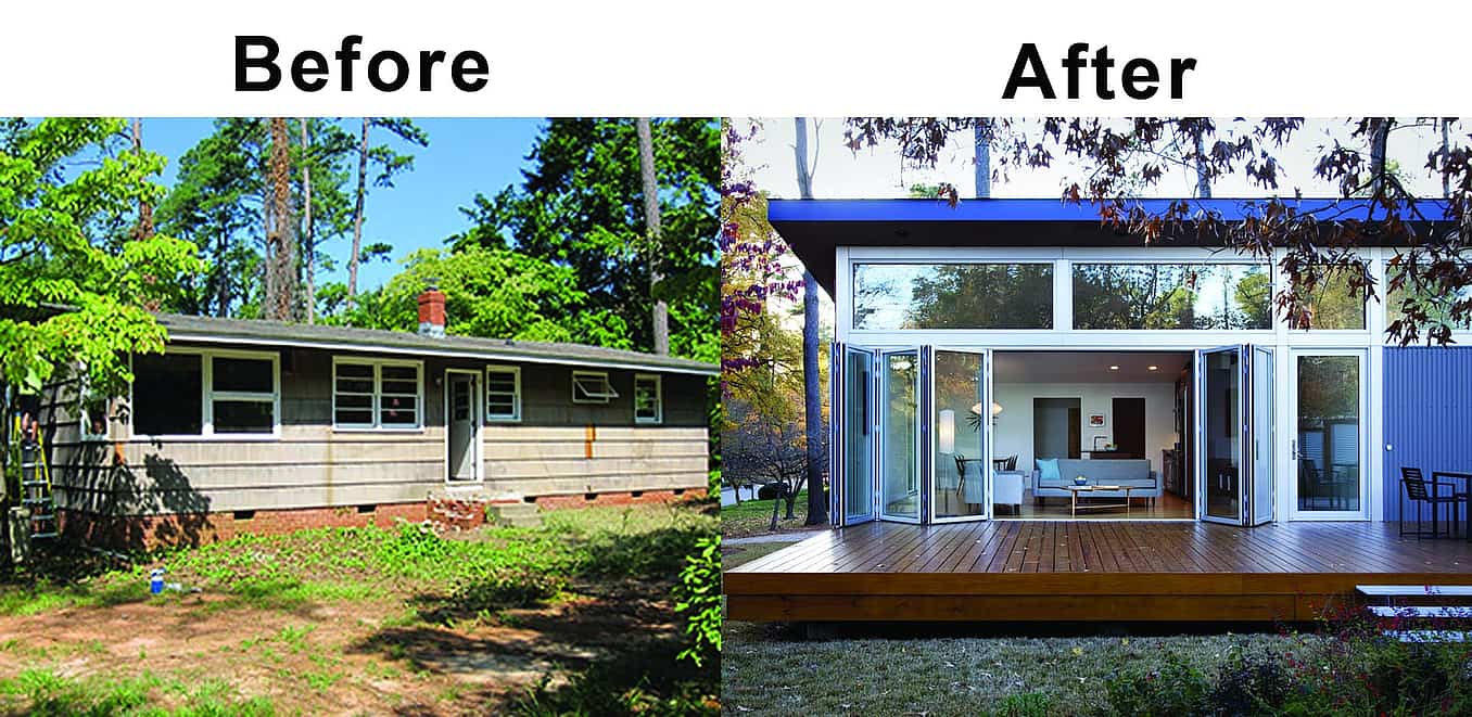 remodel before and after with floor supported folding glass wall