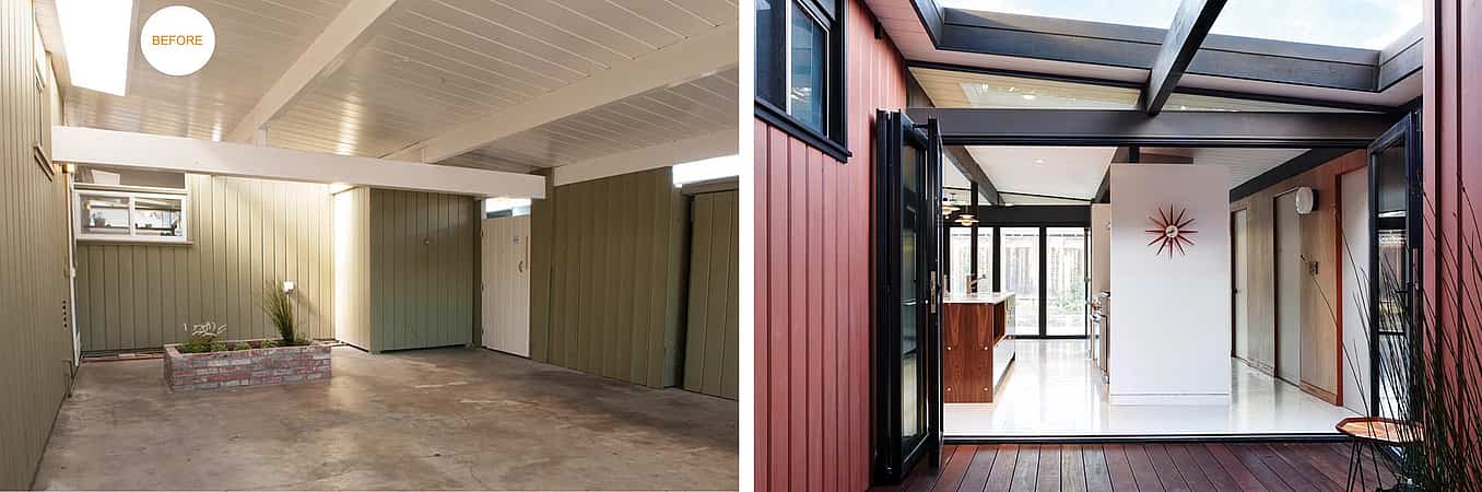 Eichler homes carport before and after remodel with folding glass wall SL60