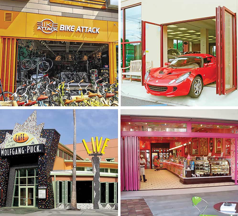 colorful commercial storefronts with powder coated aluminum framed opening glass walls