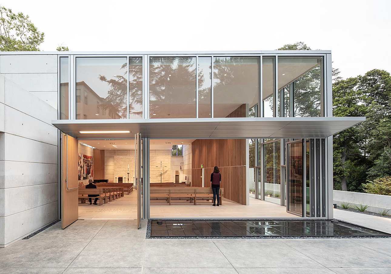 fresh air ventilation provides by opening glass walls in church design