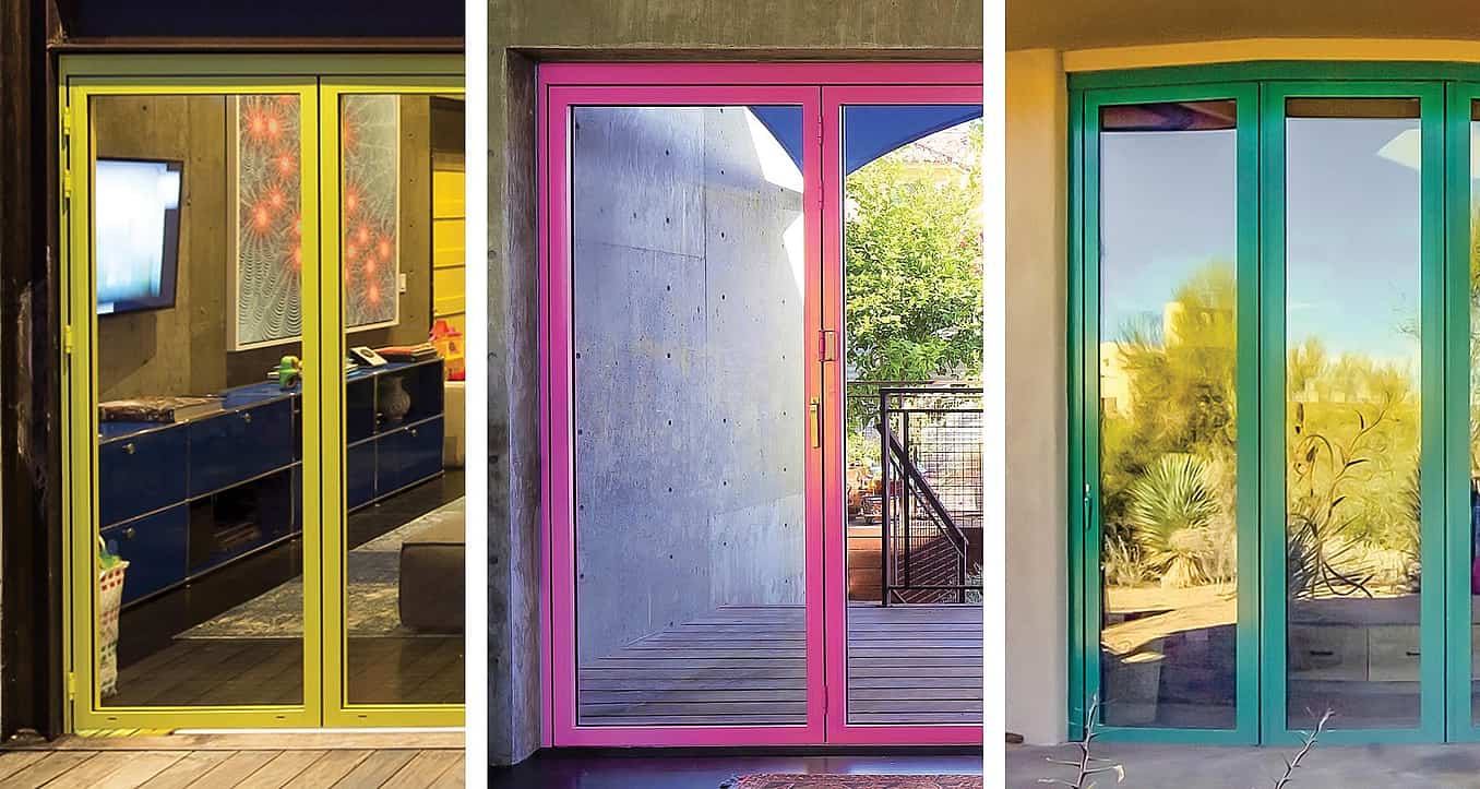 three brightly colored aluminum framed opening glass wall systems