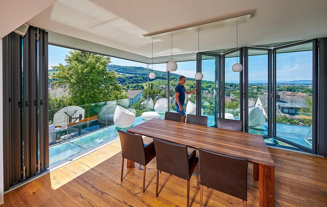 open corner design with exterior moving glass walls