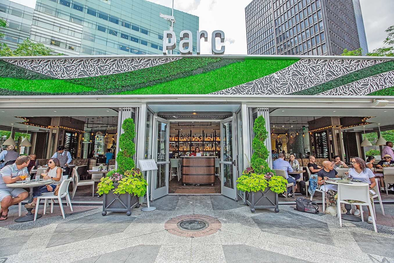 exterior stacking glass doors at Parc Detroit
