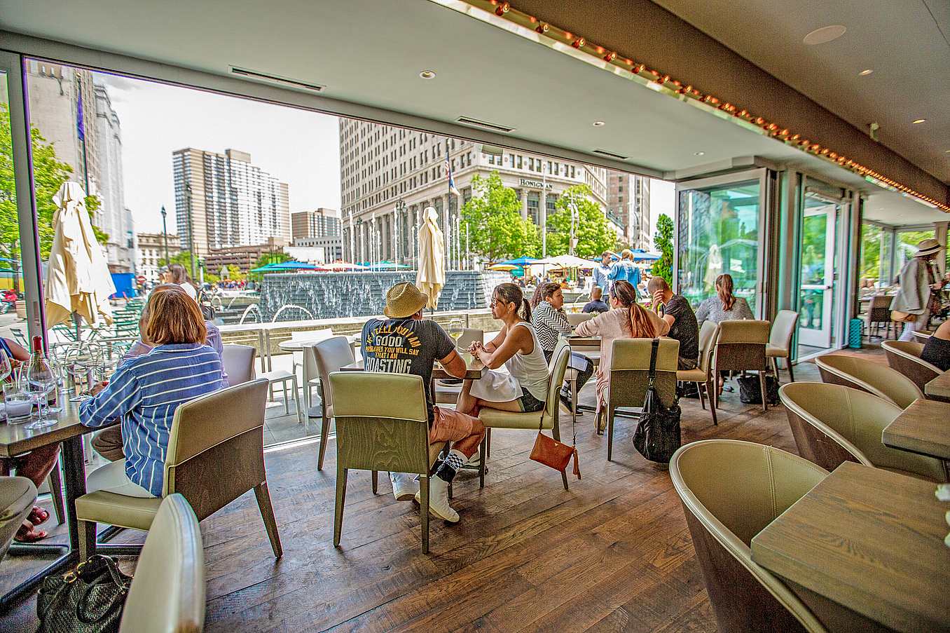 indoor outdoor restaurant with exterior stacking glass doors