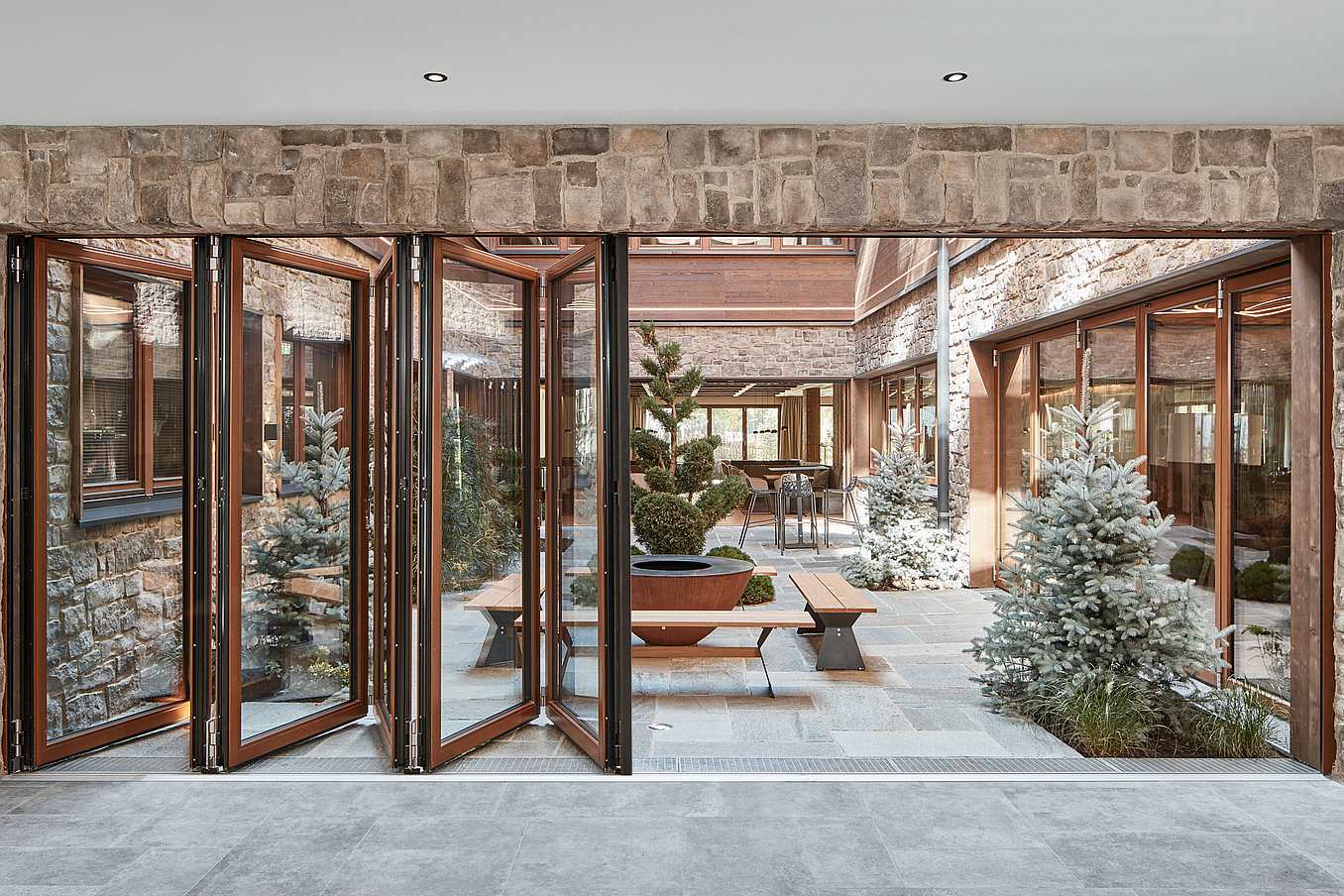 wood framed glass walls