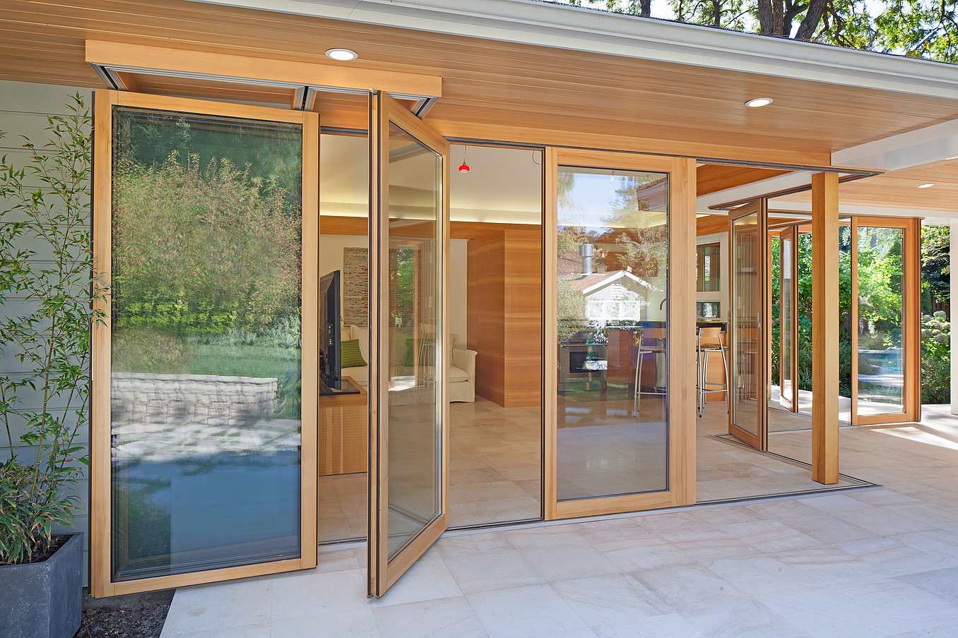wood framed sliding glass walls