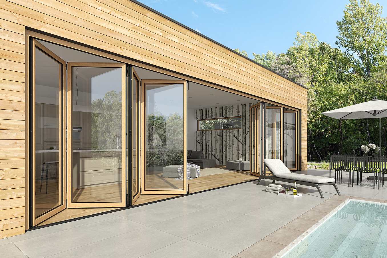 wood framed opening glass walls