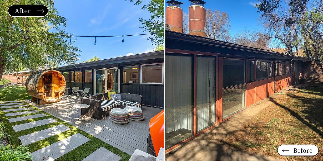 Mid-Century Modern patio with folding glass wall system