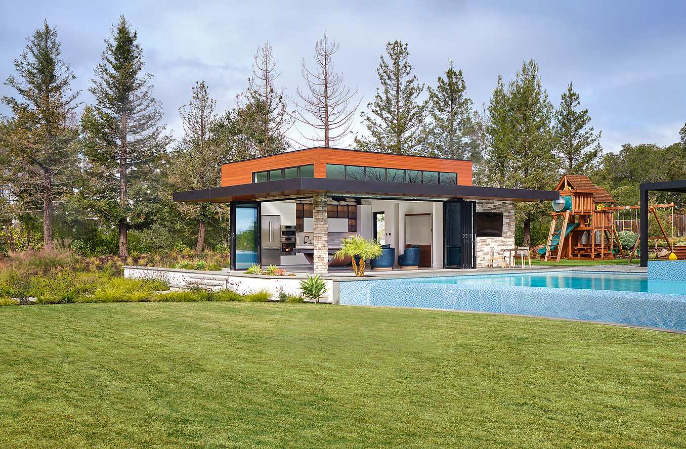 poolhouse with left-right folding glass door panels