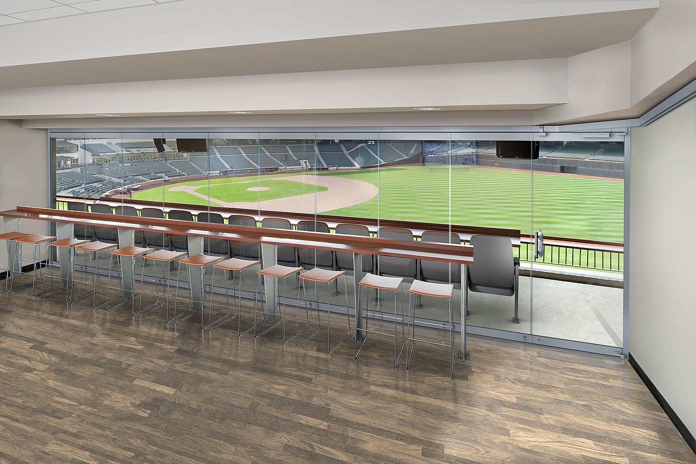 single track stacking glass door in stadium design