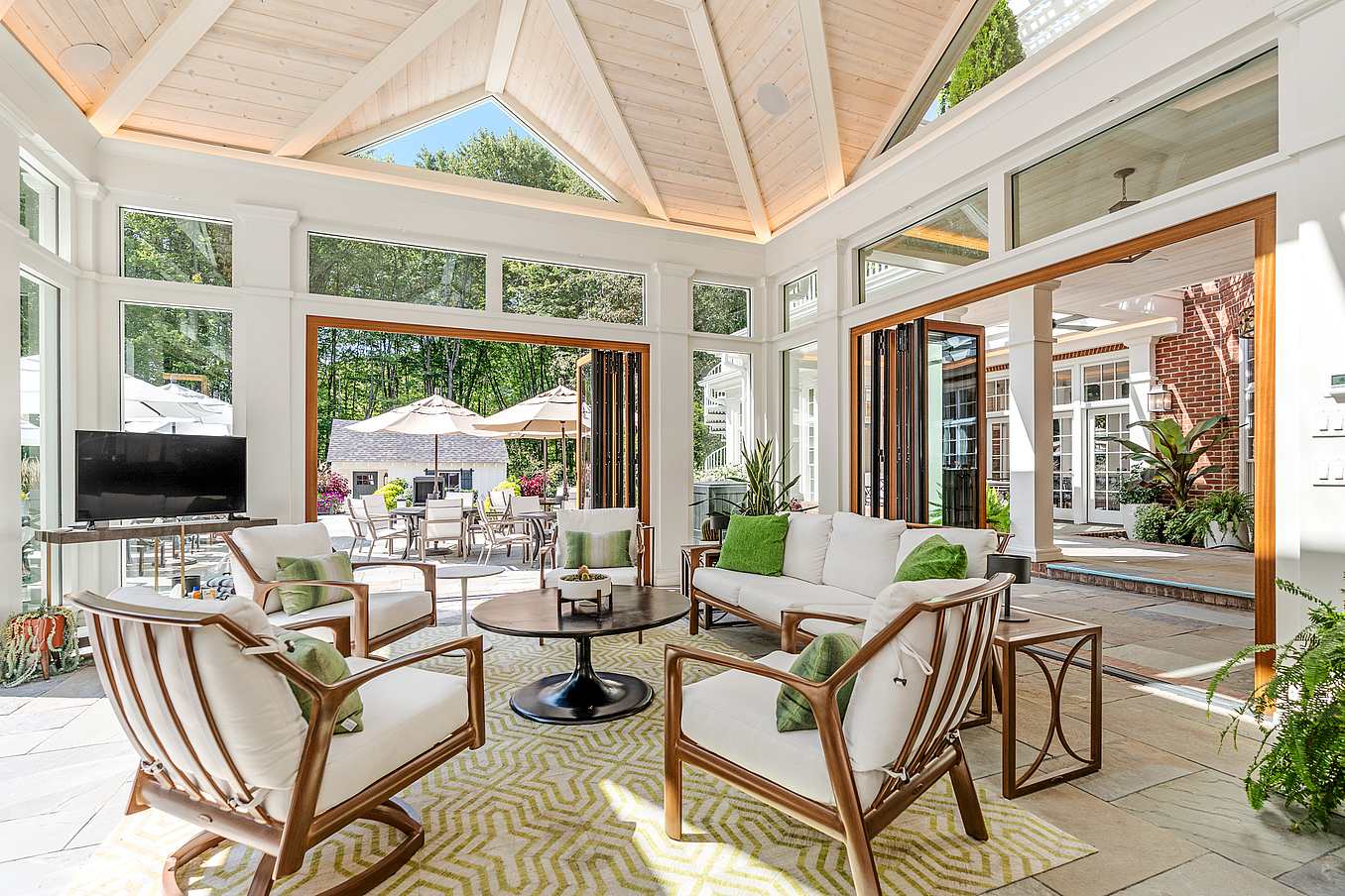 wood framed opening glass doors
