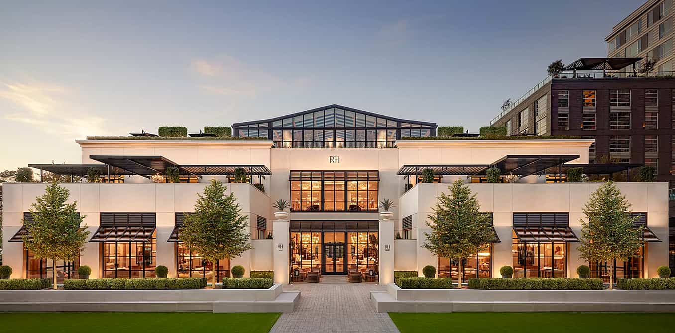 RH furniture reatil storefront with NanaWall commercial glass doors on the rooftop