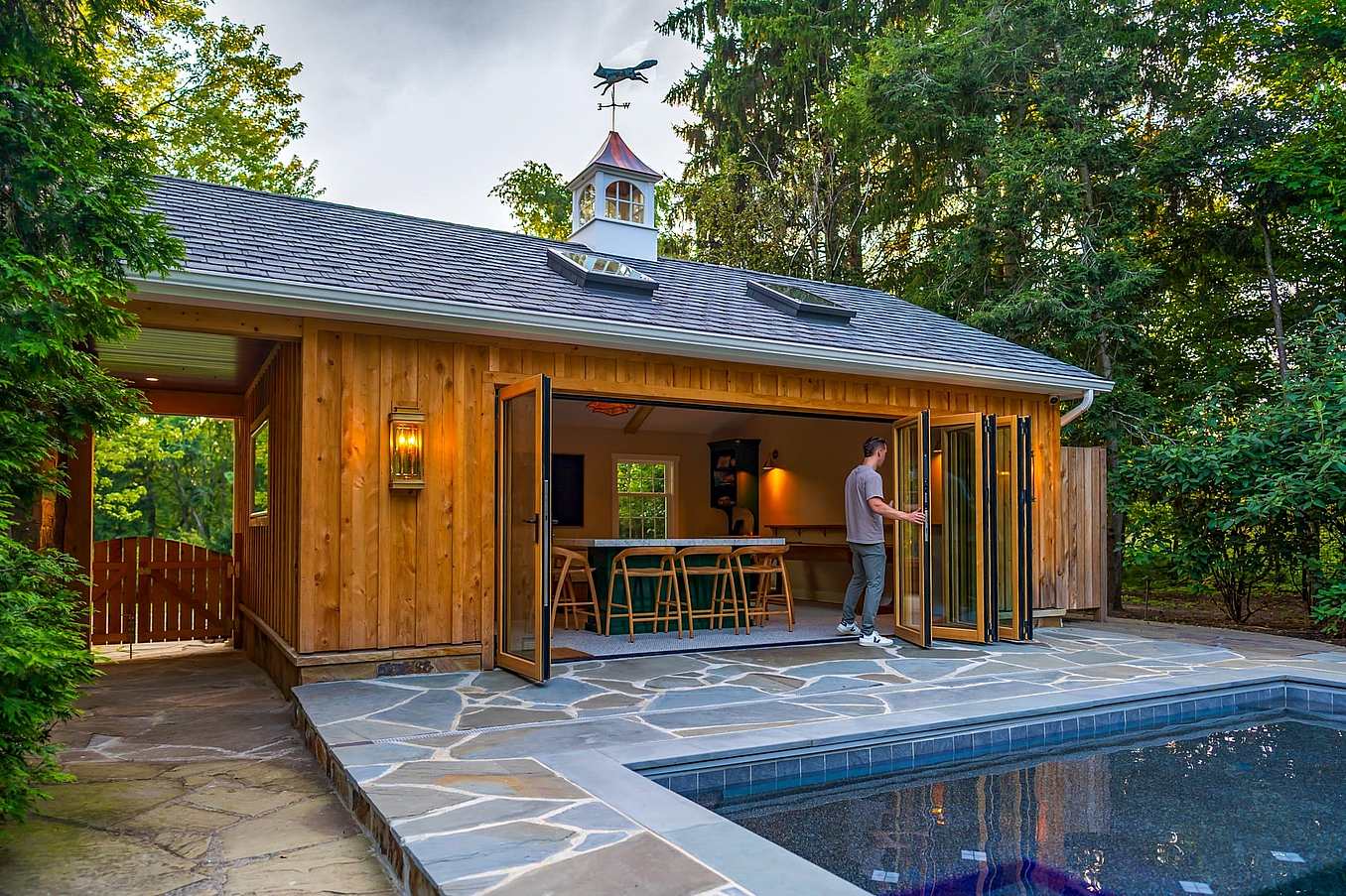 wood framed folding patio door system