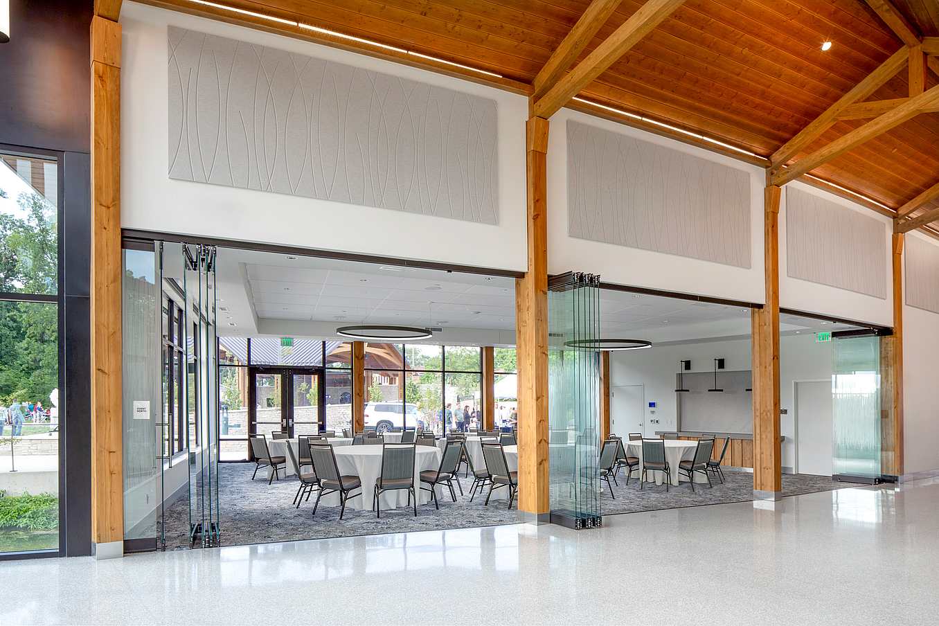 event space with framelss glass wall partitions