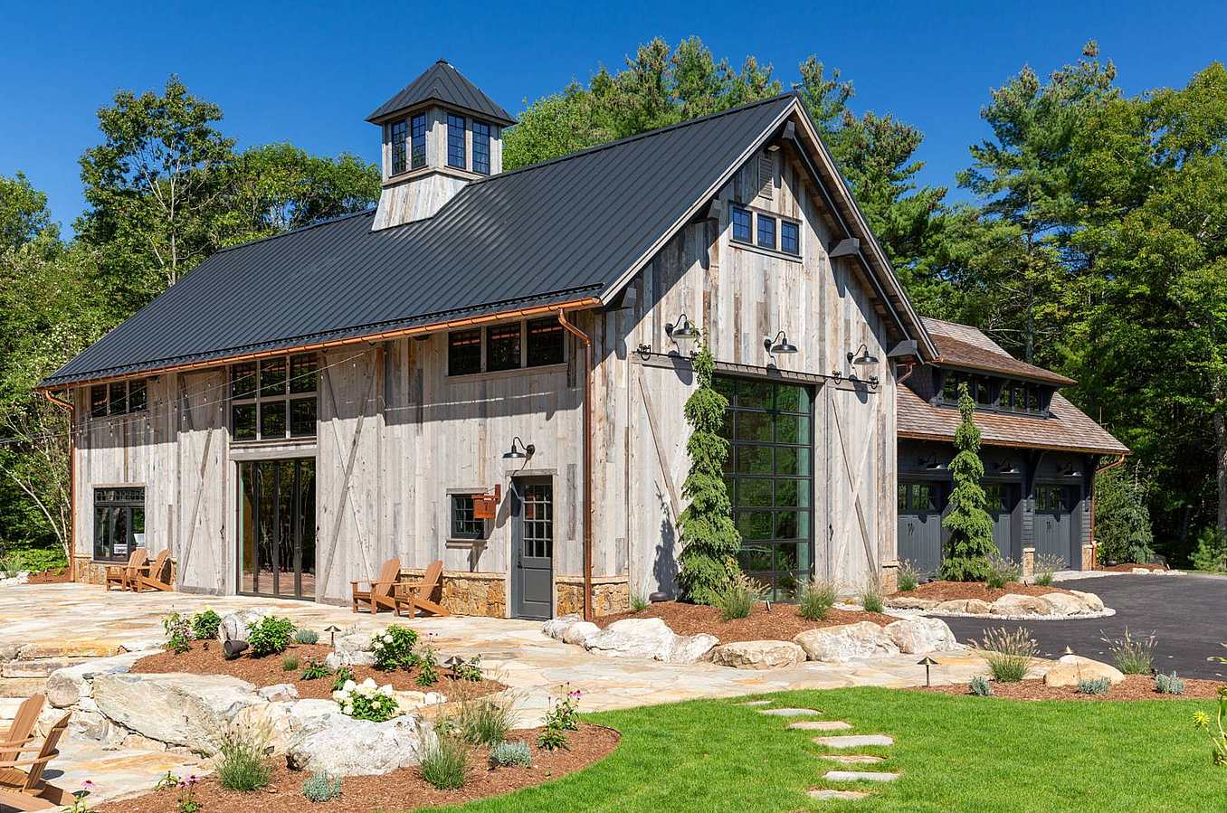 Barn inspired structure with folding glass wall system