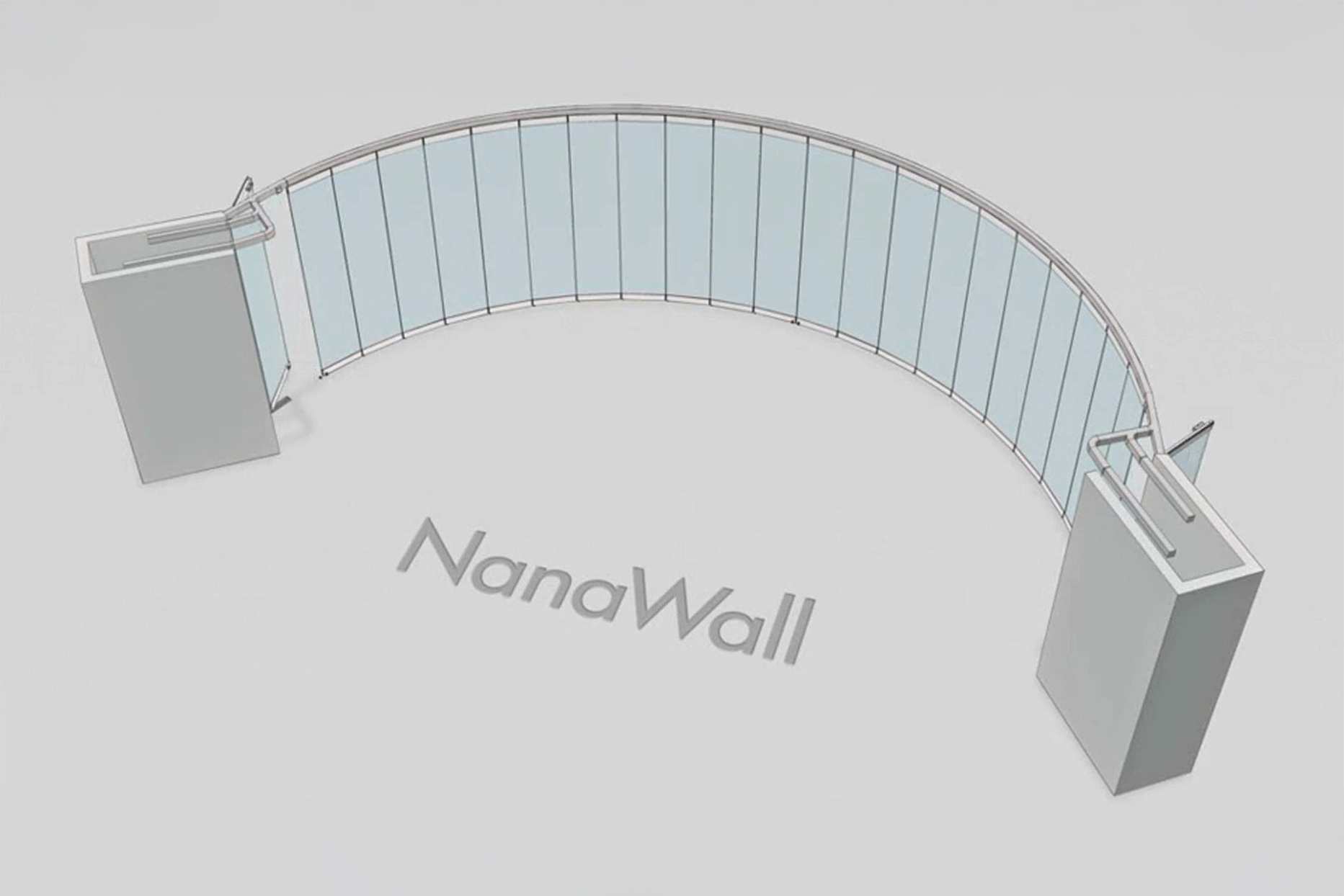 NanaWall segmented configuration: glass wall panels follow a curved radius, maintaining a continuous layout
