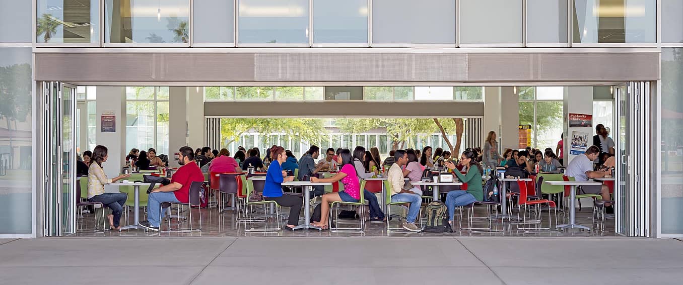 arizona western university indoor/outdoor cafateria with two folding glass walls for fresh air 