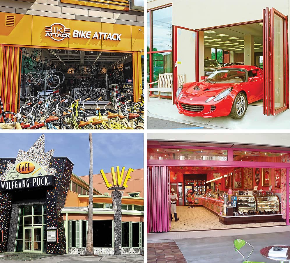 colorful commercial storefronts with powder coated aluminum framed opening glass walls