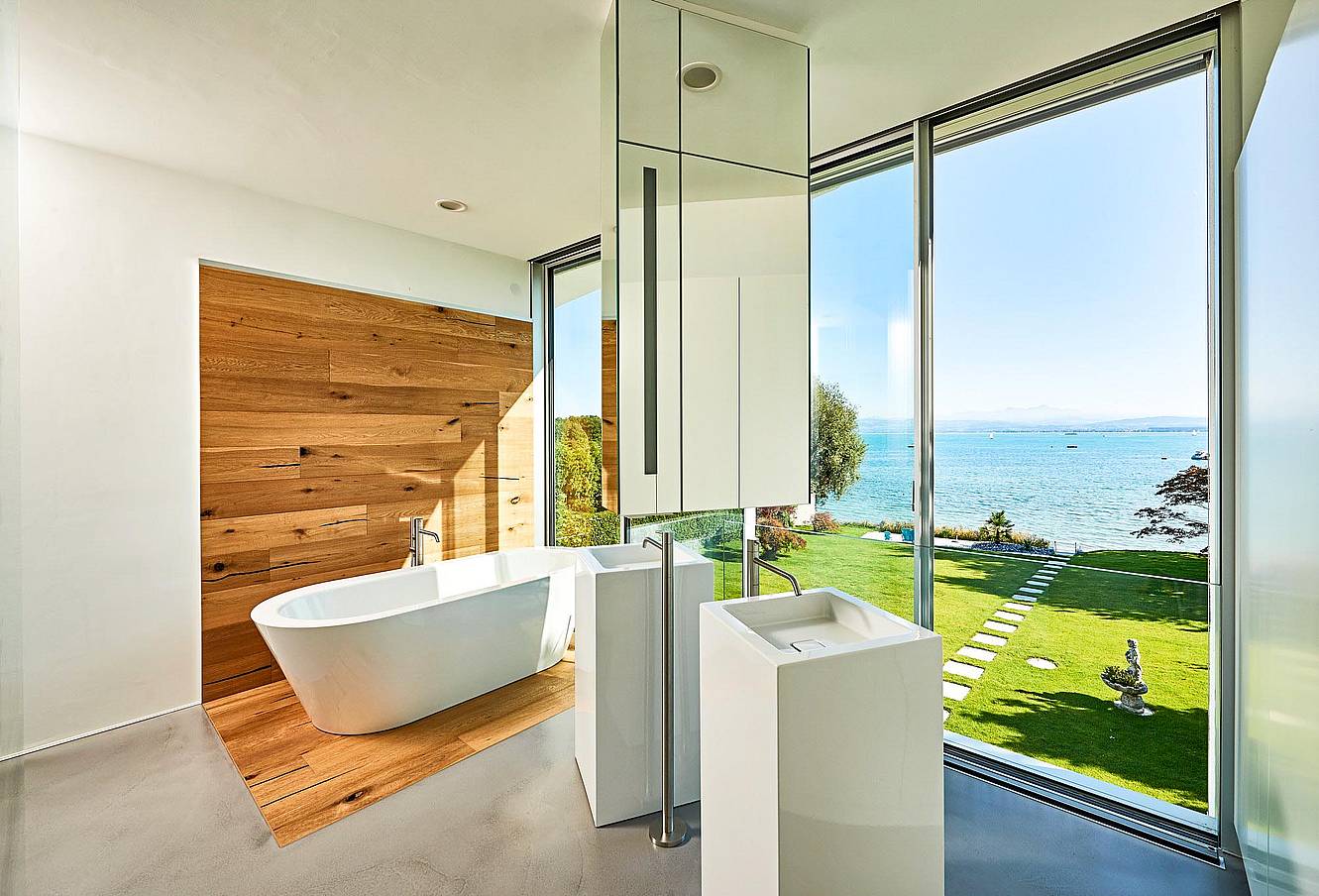 minimal framed retractable glass doors in bathroom