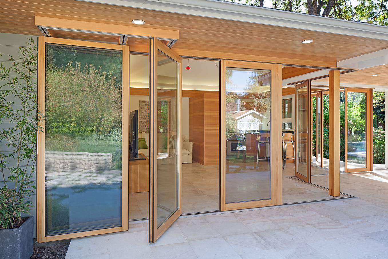wood framed sliding glass walls