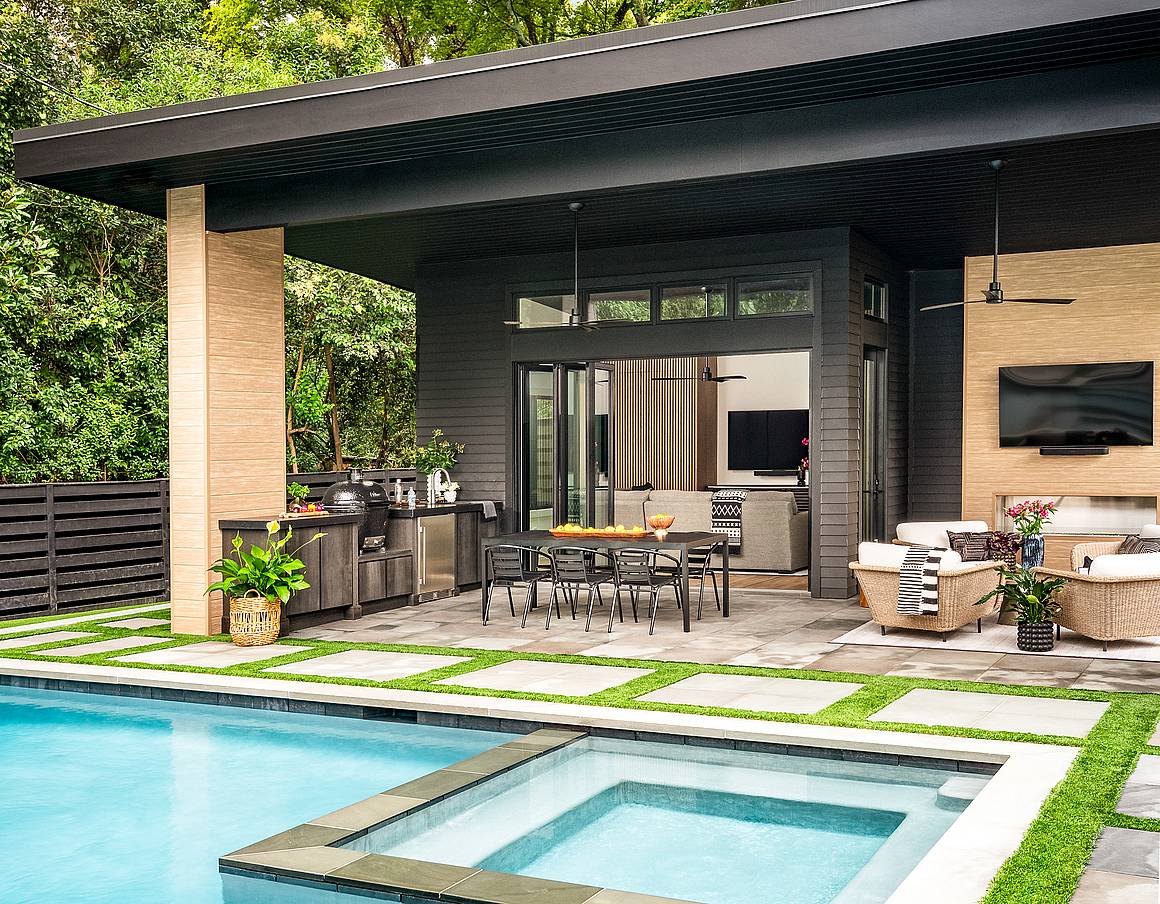 opening glass doors in pool house design