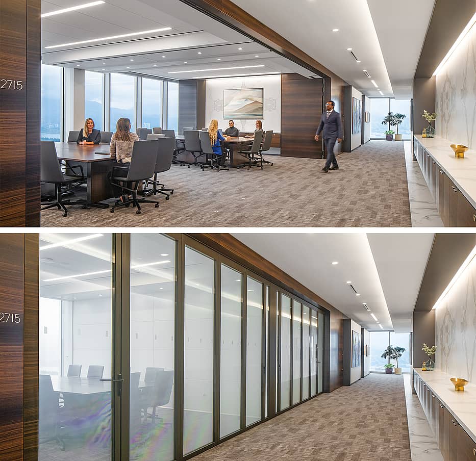acoustically rated movable glass doors with switch glass