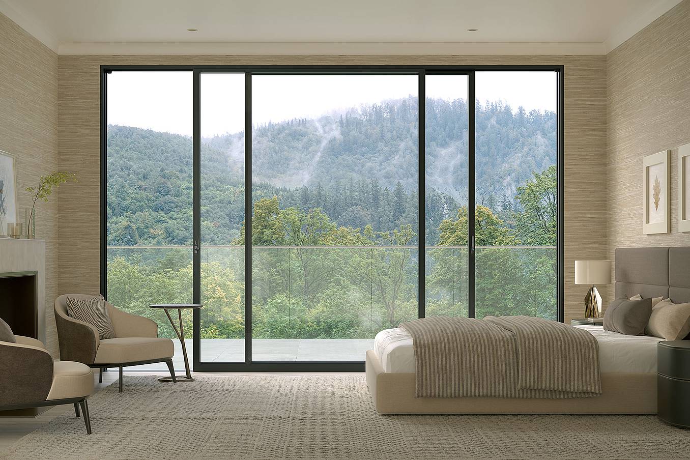 Modern bedroom with open multislide glass doors facing mountain landscape, featuring minimalist decor and natural wood accents