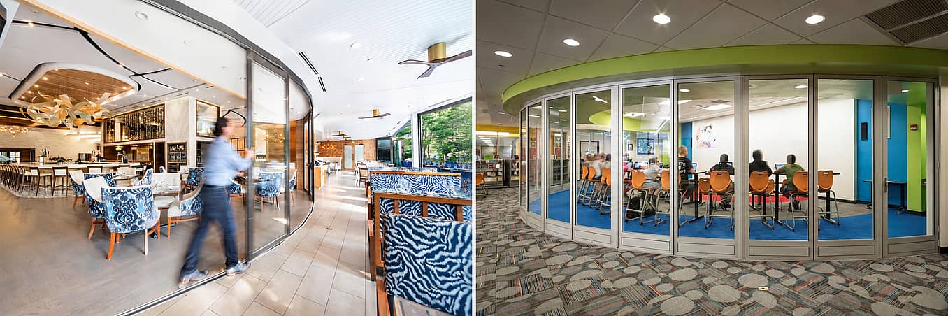 Segmented curve unique configuration in opening glass wall systems