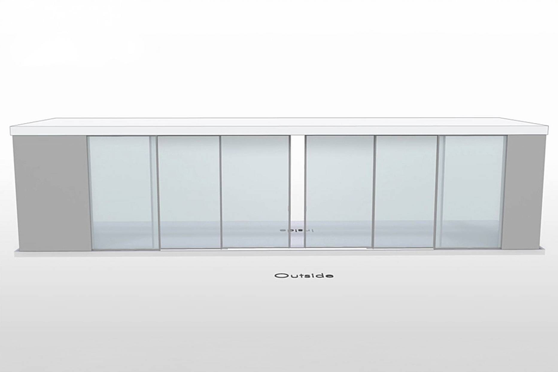 NanaWall CERO non-pocketing configuration: 6-panel sliding glass wall with four center panels sliding open and fixed panels on both sides (OXXXXO)