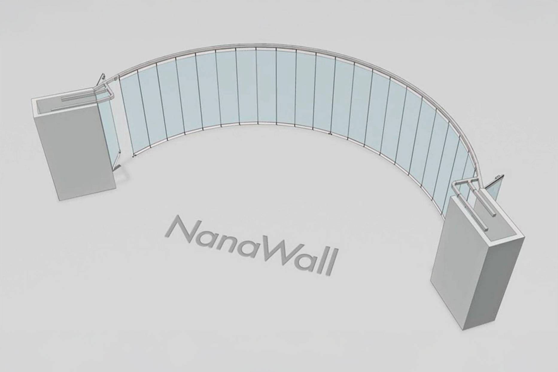 NanaWall segmented configuration: glass wall panels follow a curved radius, maintaining a continuous layout