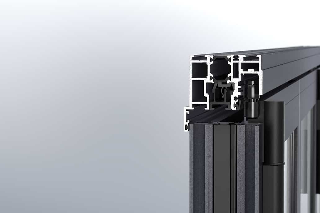 NanaWall head track detail with integrated panel guide for smooth, controlled operation