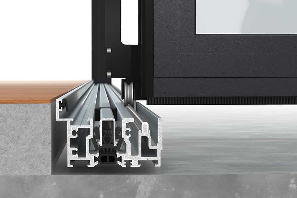 Thermally broken NanaWall performance sill detail showing high water resistance, compression gaskets, and engineered floor-supported operation