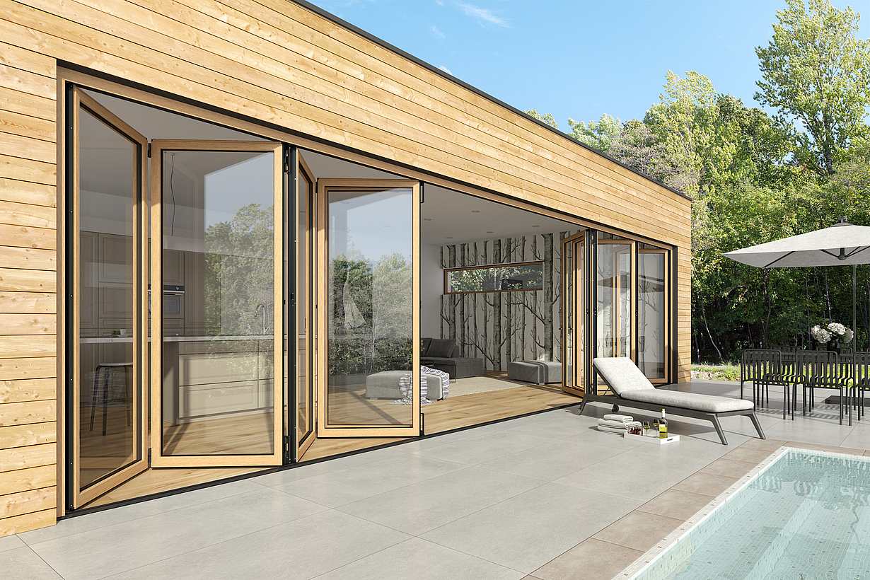 wood framed opening glass walls