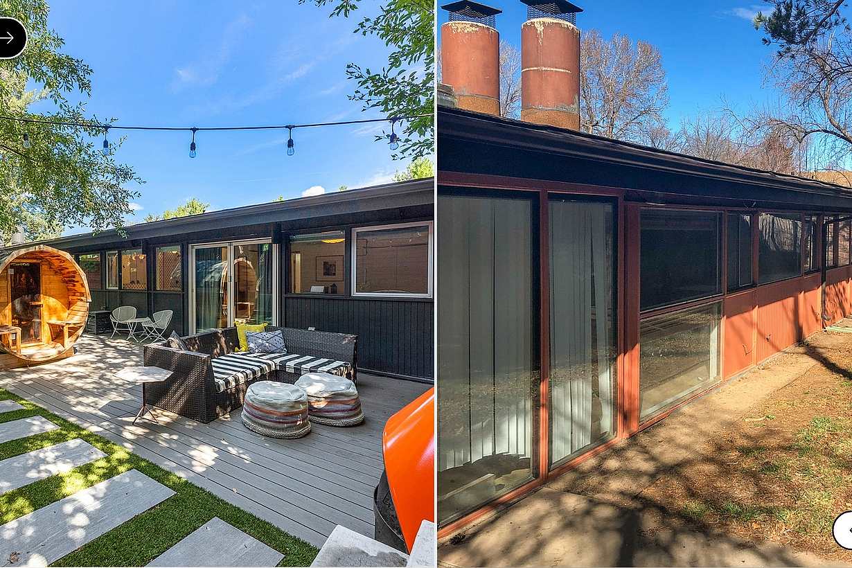 Mid-Century Modern patio with folding glass wall system