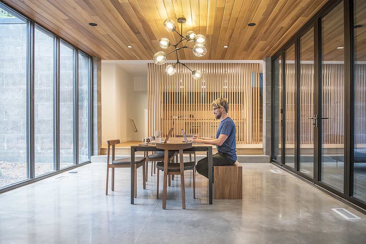 home office design with opening glass doors