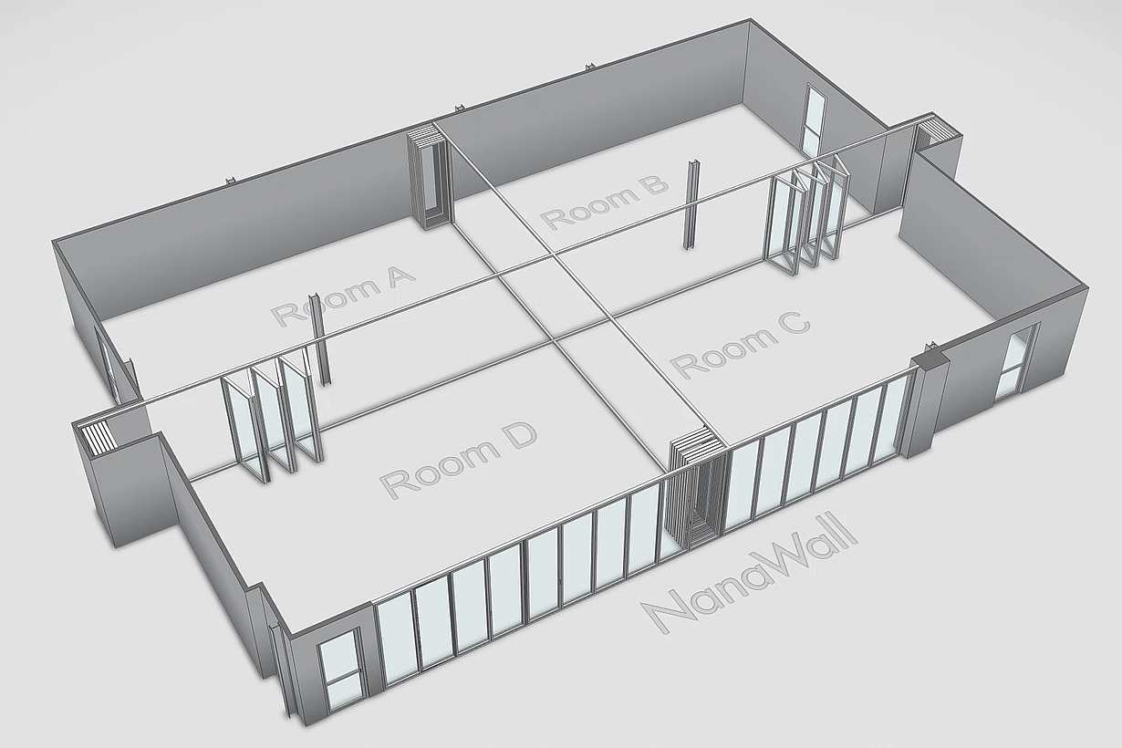 Acoustical folding glass walls animation - T-Intersection layout at Montgomery ISD