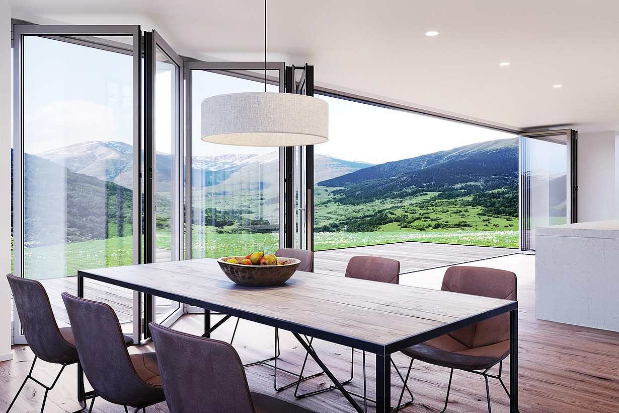 Folding glass patio doors in modern residential enhance seamless indoor‑outdoor flow.