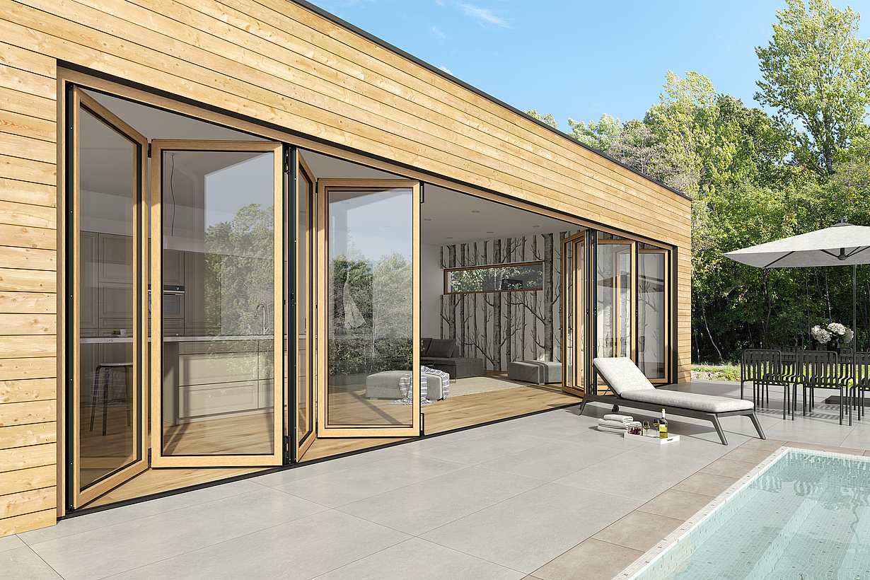 Mountain view pool house with wood framed folding glass walls - NW Wood 540