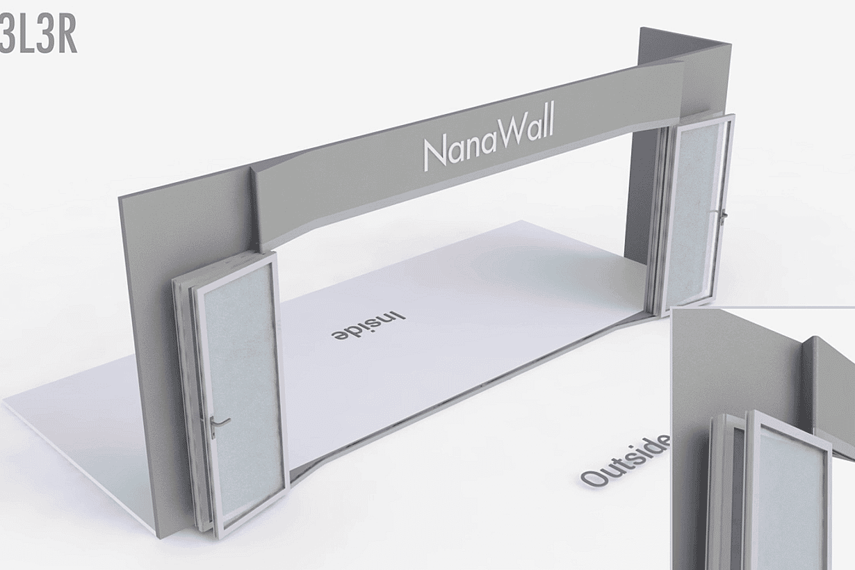 NanaWall FoldFlat configuration: 6-panel folding glass door, outward opening; 3 panels fold left and 3 panels fold right (FF o3L3R)